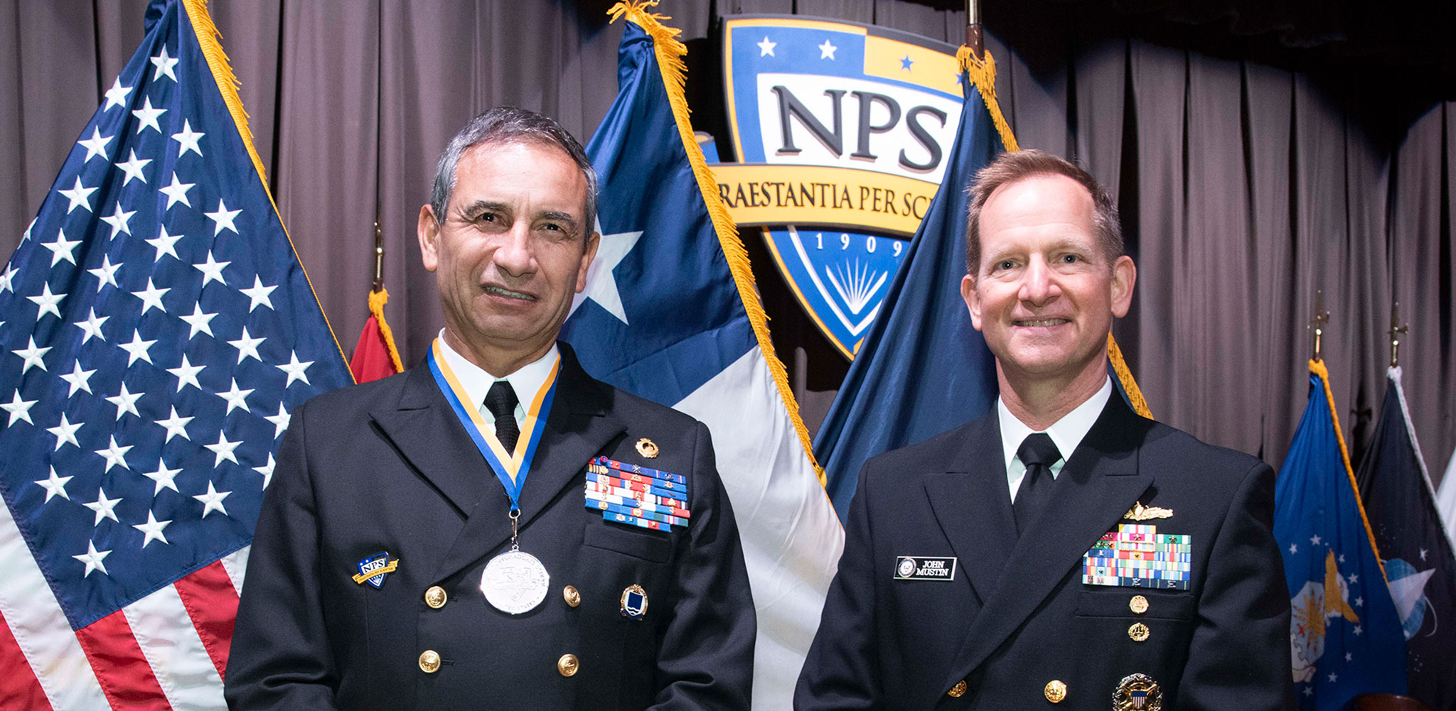 NPS graduate Vice Adm. John Mustin, Chief of Navy Reserve joins Chilean Navy Vice Adm. Alberto Soto.